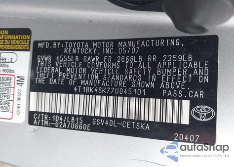 2007 Toyota Camry Se V6 from USA, damaged, VIN 4T1BK46K77U045101